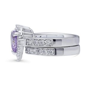 BERRICLE Sterling Silver Halo Wedding Engagement Rings Purple Cubic Zirconia CZ Statement Heart Ring Set for Women, Rhodium Plated Size 8