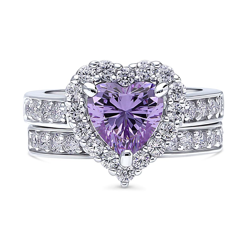 BERRICLE Sterling Silver Halo Wedding Engagement Rings Purple Cubic Zirconia CZ Statement Heart Ring Set for Women, Rhodium Plated Size 8