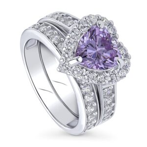 berricle sterling silver halo wedding engagement rings purple cubic zirconia cz statement heart ring set for women, rhodium plated size 9