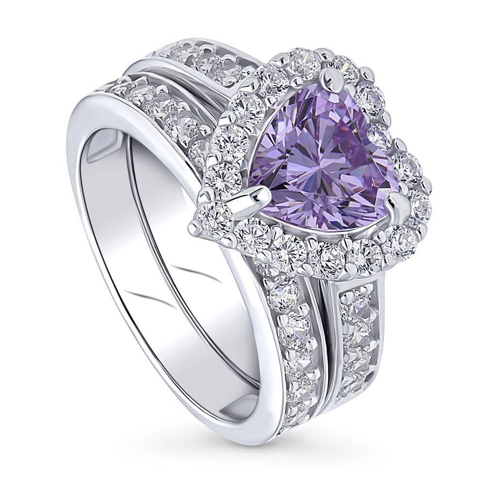 BERRICLE Sterling Silver Halo Wedding Engagement Rings Purple Cubic Zirconia CZ Statement Heart Ring Set for Women, Rhodium Plated Size 9