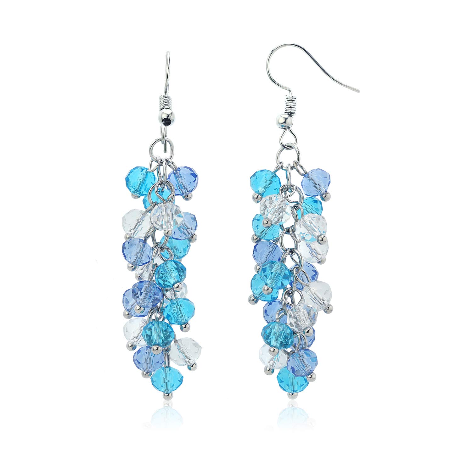 Gem Stone King 2 Inch Ocean Blue Cluster Faceted Crystal Dangle Hook Earrings For Women 2 Inch