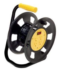 designers edge e230 extension cord storage reel; multi-outlet adapter; black/yellow