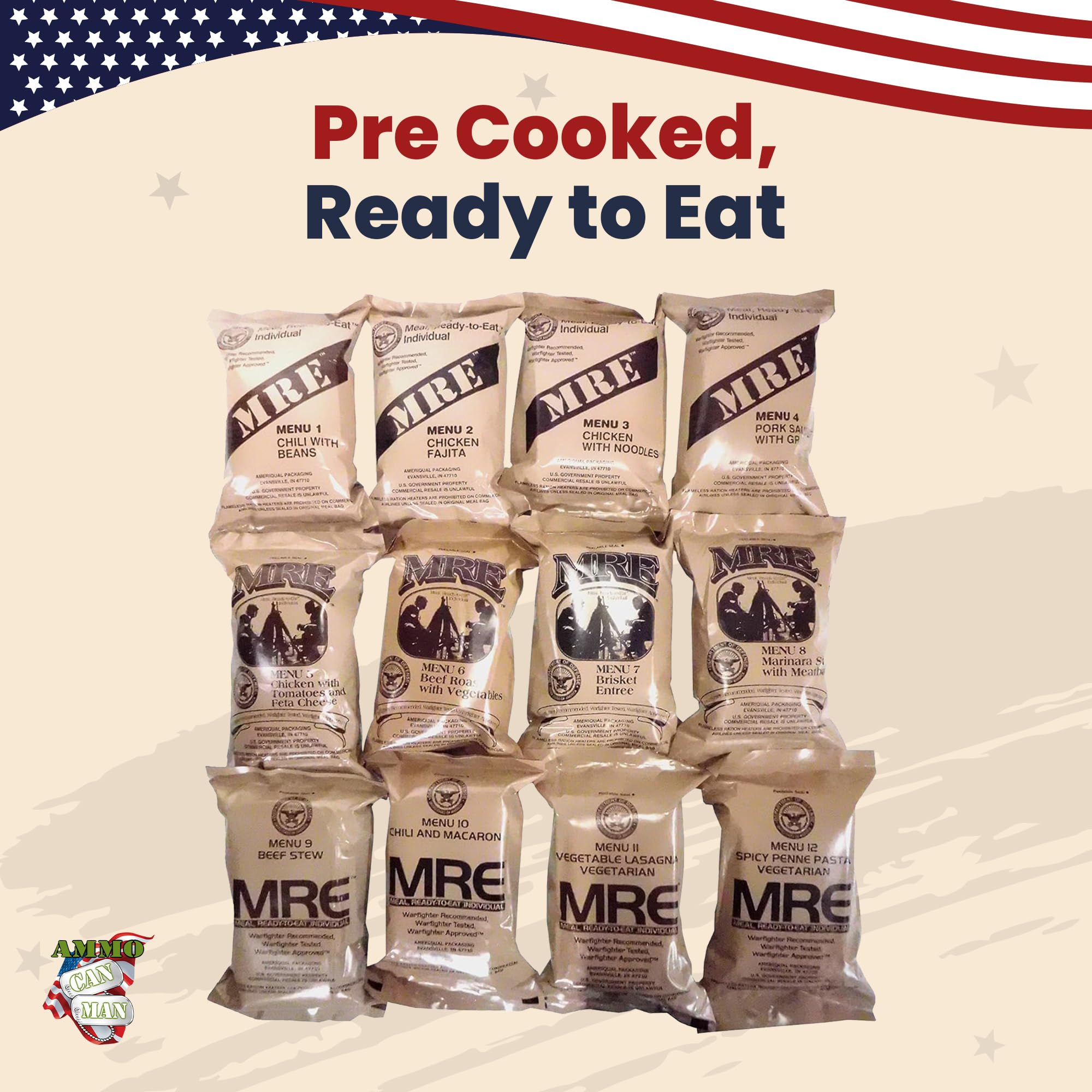 U.S. Meal Ready to Eat (Variety Pack of 12) – Nutritional Emergency Food Rations - Freeze Dried Food w/Flameless Heaters, Entree, Side Dishes, & More - MRE Kit for Emergency Survival, Hunting, & More