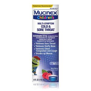 cold, cough, and sore throat, mucinex children's cold, cough, & sore throat liquid, mixed berry, 4oz (packaging may vary) controls cough, relieves nasal & chest congestion, thins & soothes sore throat