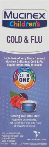 Cold, Cough, and Sore Throat, Mucinex Children's Cold, Cough, & Sore Throat Liquid, Mixed Berry, 4oz (Packaging May Vary) Controls Cough, Relieves Nasal & Chest Congestion, Thins & Soothes Sore Throat