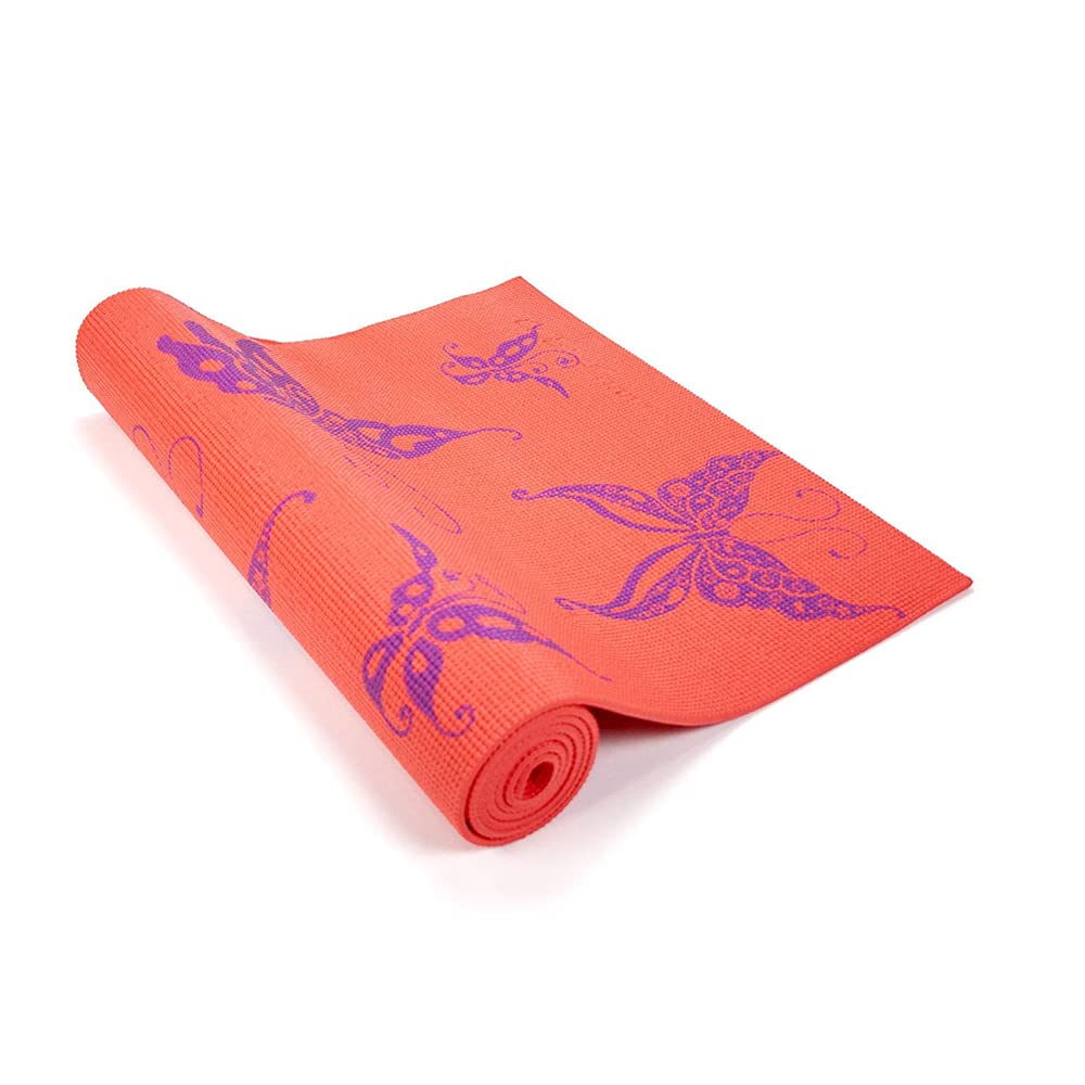 Wai Lana Yoga and Pilates Mat Butterfly (Coral) - 1/4 Inch Extra Thick Non-Slip Stylish, Latex-Free, Lightweight, Optimum Comfort