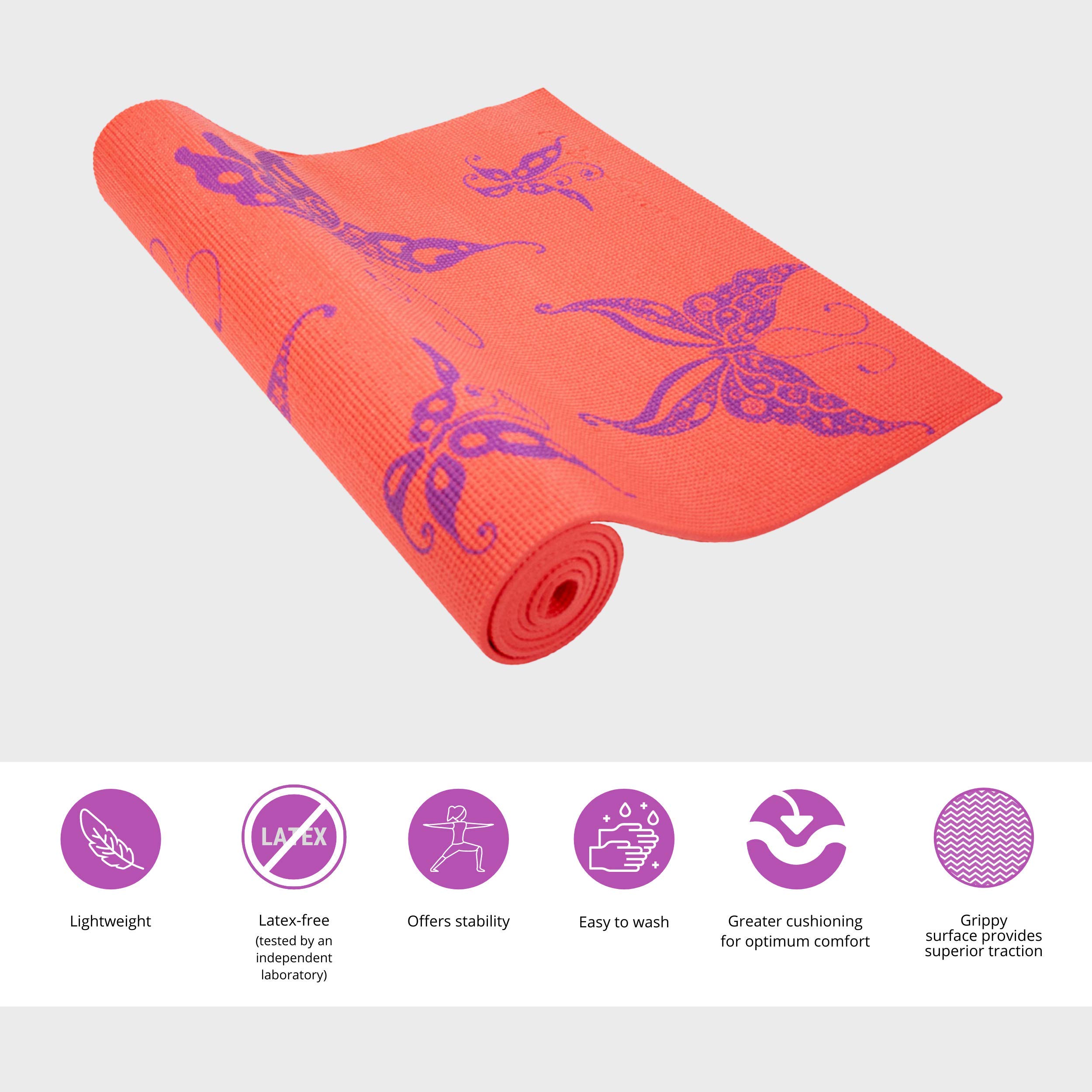 Wai Lana Yoga and Pilates Mat Butterfly (Coral) - 1/4 Inch Extra Thick Non-Slip Stylish, Latex-Free, Lightweight, Optimum Comfort