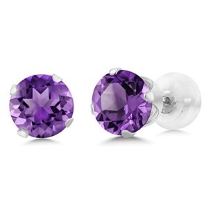 Gem Stone King 1.00 Cttw 14K White Gold Purple Amethyst Stud Earrings For Women | Gemstone Birthstone | Round 5MM