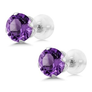 Gem Stone King 1.00 Cttw 14K White Gold Purple Amethyst Stud Earrings For Women | Gemstone Birthstone | Round 5MM