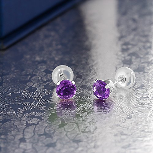 Gem Stone King 1.00 Cttw 14K White Gold Purple Amethyst Stud Earrings For Women | Gemstone Birthstone | Round 5MM