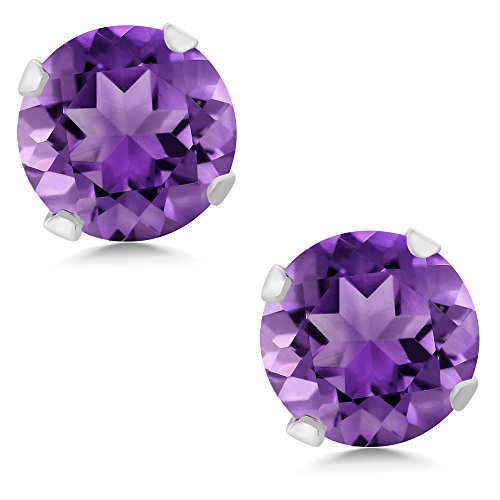 Gem Stone King 1.00 Cttw 14K White Gold Purple Amethyst Stud Earrings For Women | Gemstone Birthstone | Round 5MM