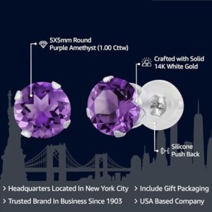 Gem Stone King 1.00 Cttw 14K White Gold Purple Amethyst Stud Earrings For Women | Gemstone Birthstone | Round 5MM