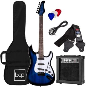 best choice products 39in full size beginner electric guitar starter kit w/case, strap, 10w amp, strings, pick, tremolo bar - hollywood blue