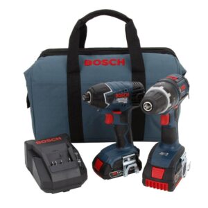 bosch clpk243-181 18-volt lithium-ion 2-tool combo kit with 1/2-inch drill/driver, impact driver, 2 high capacity batteries, charger and case