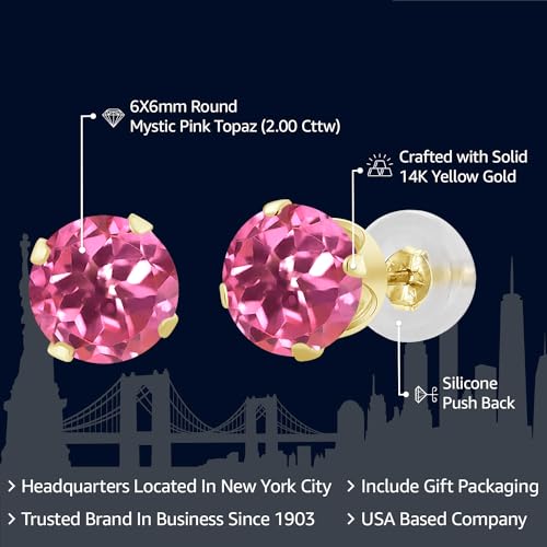 Gem Stone King 14K Yellow Gold Mystic Pink Topaz Stud Earrings | 2.00 Cttw | Gemstone Birthstone | Round 6MM |Gold Earrings for Women