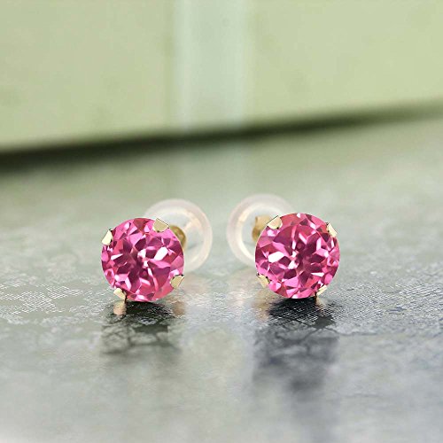 Gem Stone King 14K Yellow Gold Mystic Pink Topaz Stud Earrings | 2.00 Cttw | Gemstone Birthstone | Round 6MM |Gold Earrings for Women