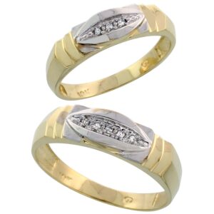 10k yellow gold 2-piece diamond wedding engagement ring set for him and her, 5mm & 6mm wide, size 6.5