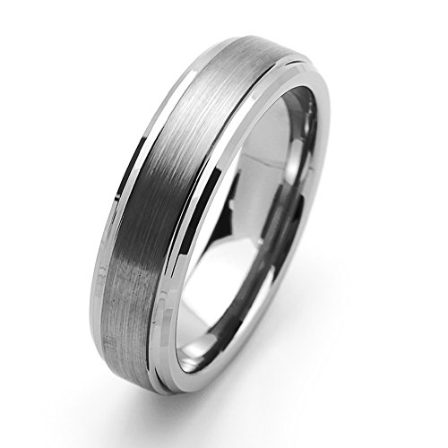 Double Accent 6MM Comfort Fit Tungsten Carbide Wedding Band Stepped Edge Flat Brushed Center Tungsten Ring (5 to 15), 10.5