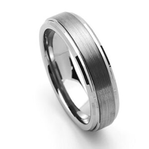 Double Accent 6MM Comfort Fit Tungsten Carbide Wedding Band Stepped Edge Flat Brushed Center Tungsten Ring (5 to 15), 10.5