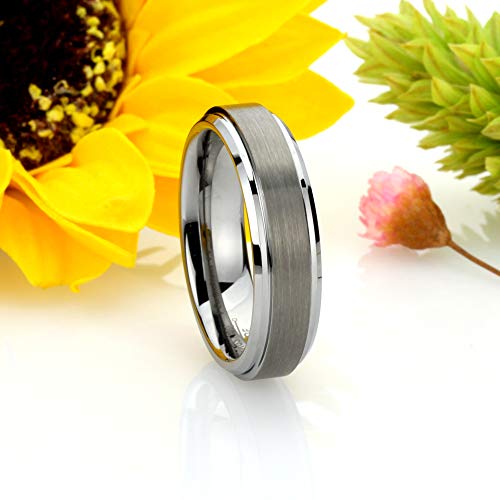 Double Accent 6MM Comfort Fit Tungsten Carbide Wedding Band Stepped Edge Flat Brushed Center Tungsten Ring (5 to 15), 10.5