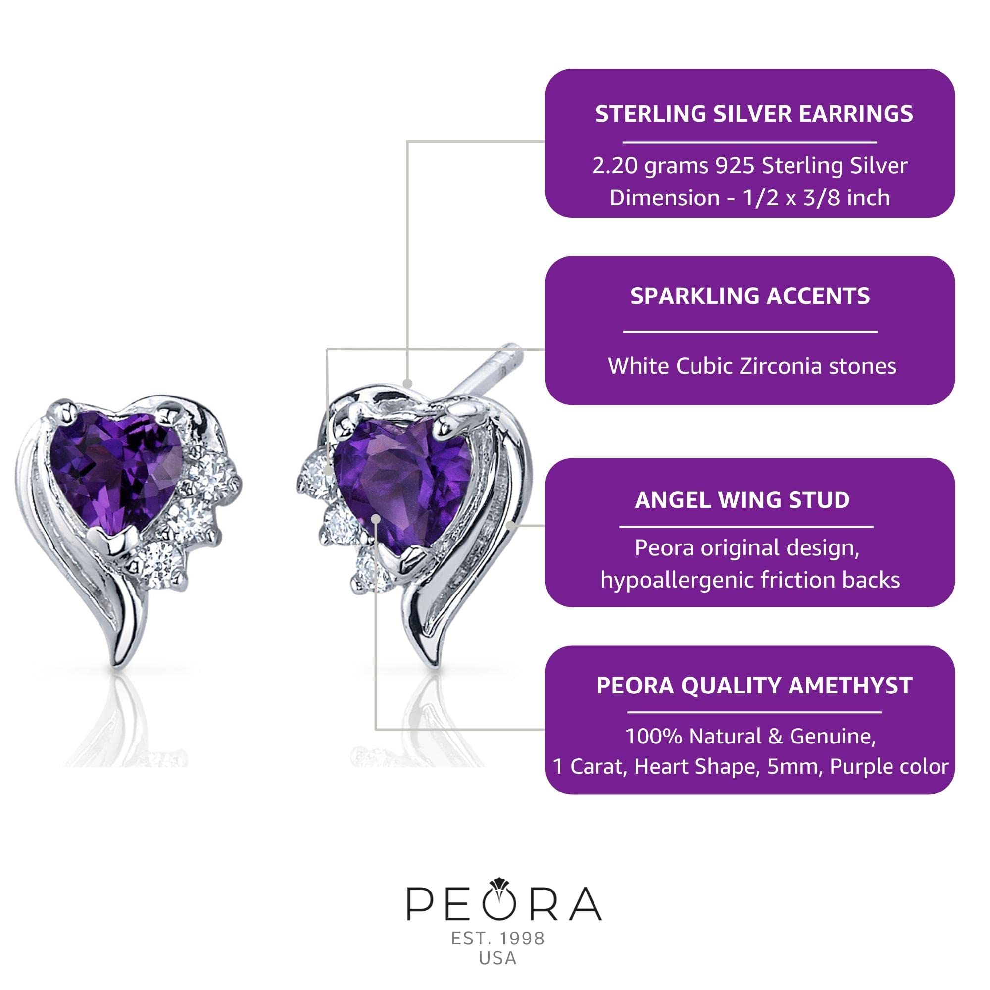 Peora Amethyst Angel Wing Earrings 925 Sterling Silver, 1 Carat Total, Heart Shape, 5mm, Friction Back