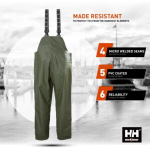 Helly-Hansen Workwear Mandal Waterproof Bib Overalls for Men Made of Durable PVC-Coated Polyester, Breathable and Adjustable, Army Green - L