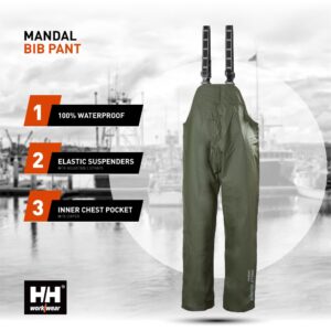 Helly-Hansen Workwear Mandal Waterproof Bib Overalls for Men Made of Durable PVC-Coated Polyester, Breathable and Adjustable, Army Green - L