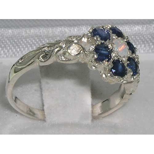 LetsBuyGold 925 Sterling Silver Real Genuine Opal and Sapphire Womens Cluster Engagement Ring - Size 6