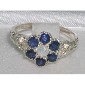 LetsBuyGold 925 Sterling Silver Real Genuine Opal and Sapphire Womens Cluster Engagement Ring - Size 6