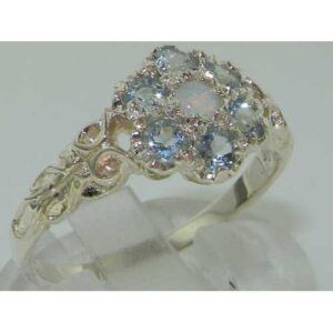 925 Sterling Silver Real Genuine Opal and Aquamarine Womens Anniversary Ring - Size 8