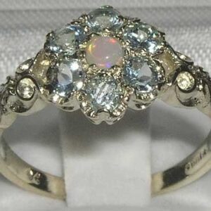 925 Sterling Silver Real Genuine Opal and Aquamarine Womens Anniversary Ring - Size 8