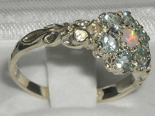 925 Sterling Silver Real Genuine Opal and Aquamarine Womens Anniversary Ring - Size 8