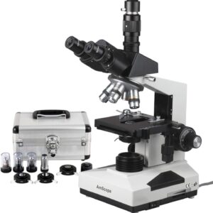 AmScope T490A-PCS Compound Trinocular Microscope, WF10x and WF16x Eyepieces, 40X-1600X Magnification, Brightfield, Halogen Illumination, Abbe Condenser, Double-Layer Mechanical Stage, Sliding Head, High-Resolution Optics, Includes 3 Phase-Contrast Objecti