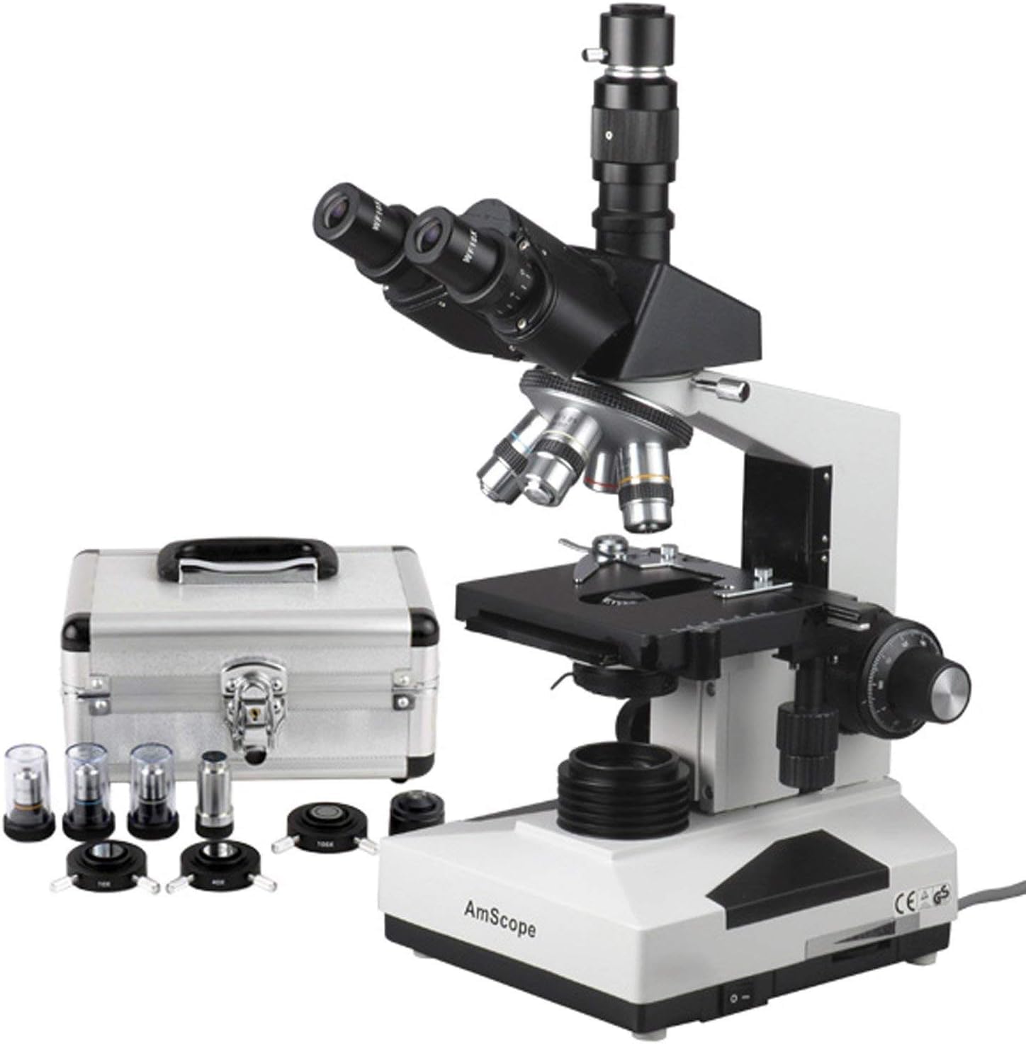 AmScope T490A-PCS Compound Trinocular Microscope, WF10x and WF16x Eyepieces, 40X-1600X Magnification, Brightfield, Halogen Illumination, Abbe Condenser, Double-Layer Mechanical Stage, Sliding Head, High-Resolution Optics, Includes 3 Phase-Contrast Objecti