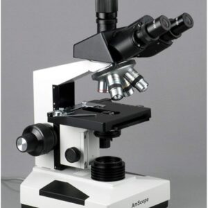 AmScope T490A-PCS Compound Trinocular Microscope, WF10x and WF16x Eyepieces, 40X-1600X Magnification, Brightfield, Halogen Illumination, Abbe Condenser, Double-Layer Mechanical Stage, Sliding Head, High-Resolution Optics, Includes 3 Phase-Contrast Objecti