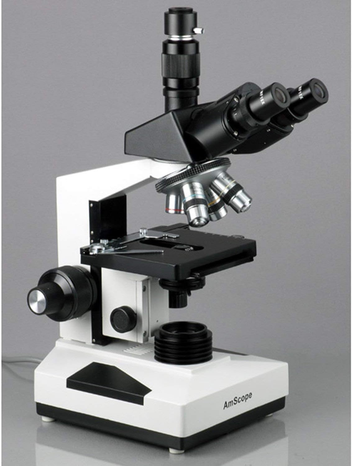 AmScope T490A-PCS Compound Trinocular Microscope, WF10x and WF16x Eyepieces, 40X-1600X Magnification, Brightfield, Halogen Illumination, Abbe Condenser, Double-Layer Mechanical Stage, Sliding Head, High-Resolution Optics, Includes 3 Phase-Contrast Objecti