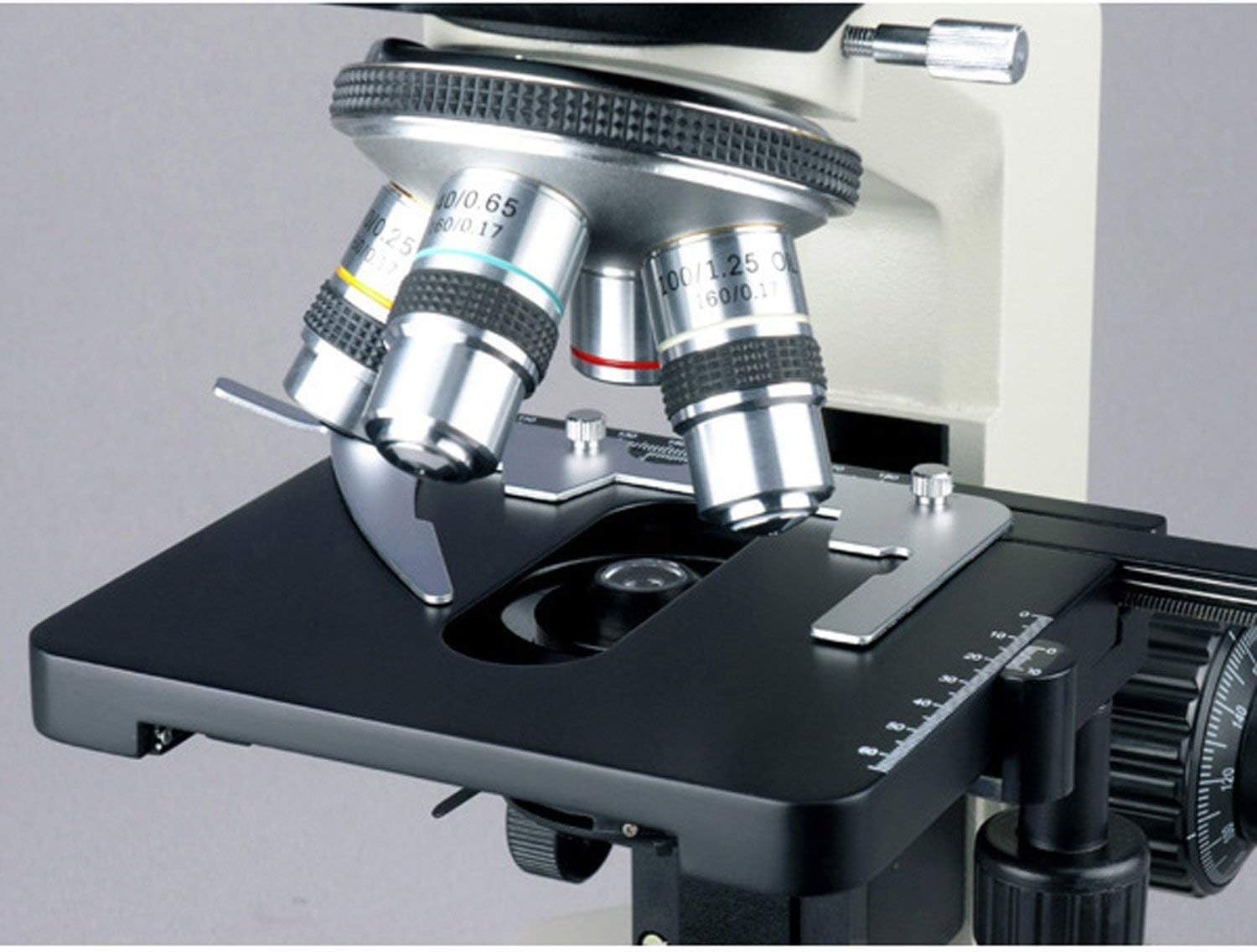 AmScope T490A-PCS Compound Trinocular Microscope, WF10x and WF16x Eyepieces, 40X-1600X Magnification, Brightfield, Halogen Illumination, Abbe Condenser, Double-Layer Mechanical Stage, Sliding Head, High-Resolution Optics, Includes 3 Phase-Contrast Objecti