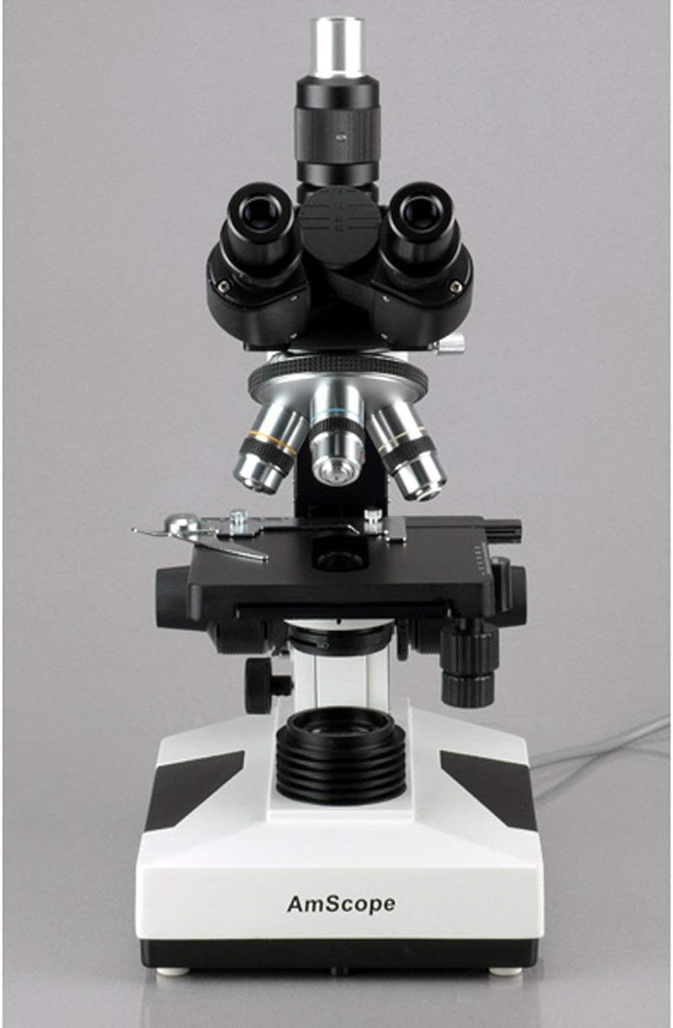 AmScope T490A-PCS Compound Trinocular Microscope, WF10x and WF16x Eyepieces, 40X-1600X Magnification, Brightfield, Halogen Illumination, Abbe Condenser, Double-Layer Mechanical Stage, Sliding Head, High-Resolution Optics, Includes 3 Phase-Contrast Objecti