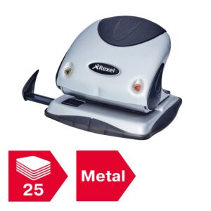 Rexel Precision 225 2 Hole Punch, 25 Sheet Capacity, Paper Alignment Indicator, Metal, Silver/Black, 2100743