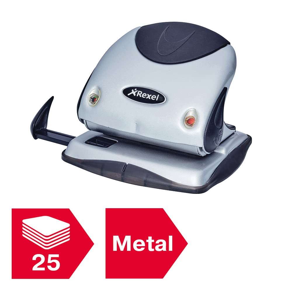 Rexel Precision 225 2 Hole Punch, 25 Sheet Capacity, Paper Alignment Indicator, Metal, Silver/Black, 2100743