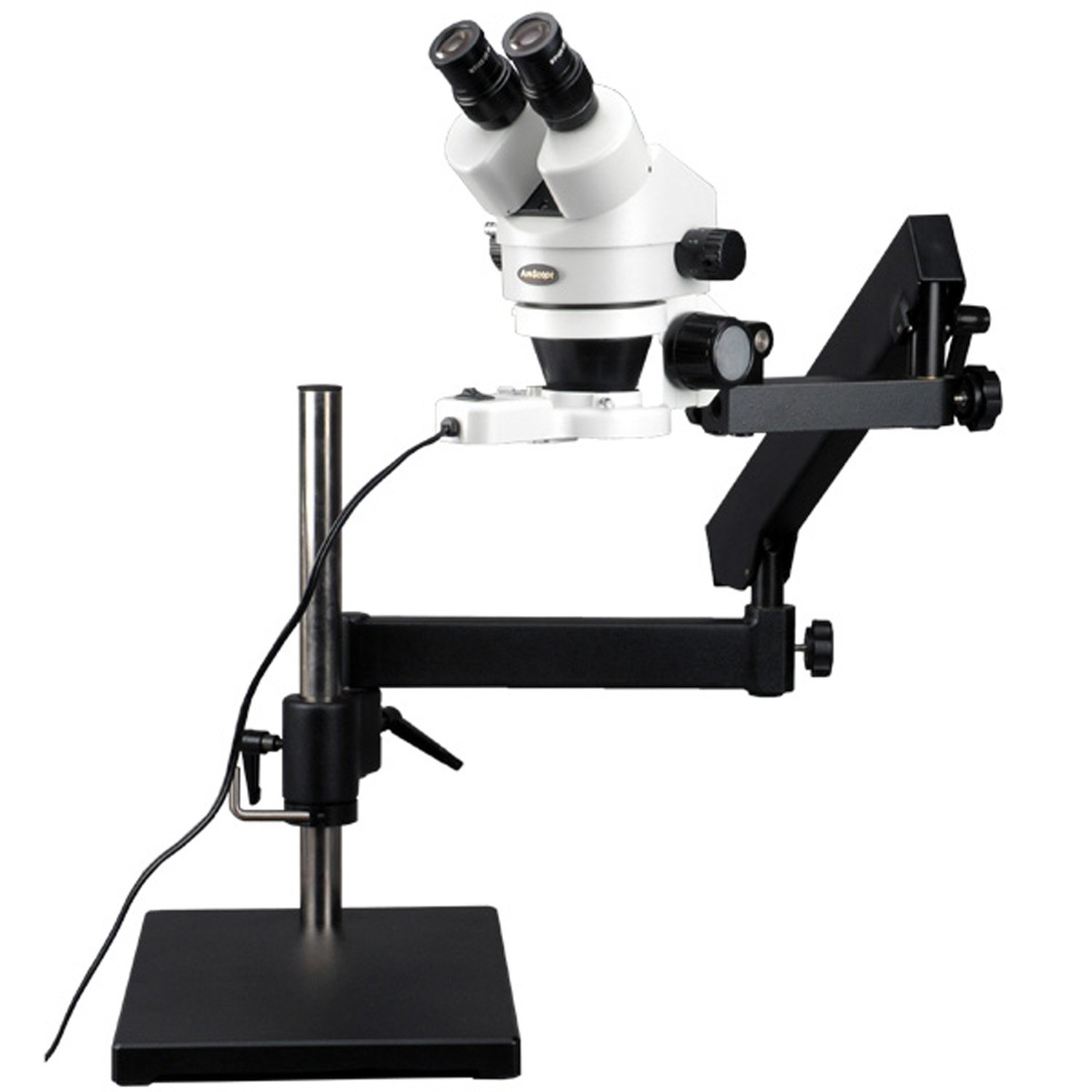 AmScope SM-7BY-FRL Professional Binocular Stereo Zoom Microscope, WH10x Eyepieces, 7X-90X Magnification, 0.7X-4.5X Zoom Objective, 8W Fluorescent Ring Light, Articulating-Arm Boom Stand, 110V-120V, Includes 2.0X Barlow Lens