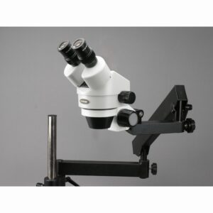 AmScope SM-7BY-FRL Professional Binocular Stereo Zoom Microscope, WH10x Eyepieces, 7X-90X Magnification, 0.7X-4.5X Zoom Objective, 8W Fluorescent Ring Light, Articulating-Arm Boom Stand, 110V-120V, Includes 2.0X Barlow Lens