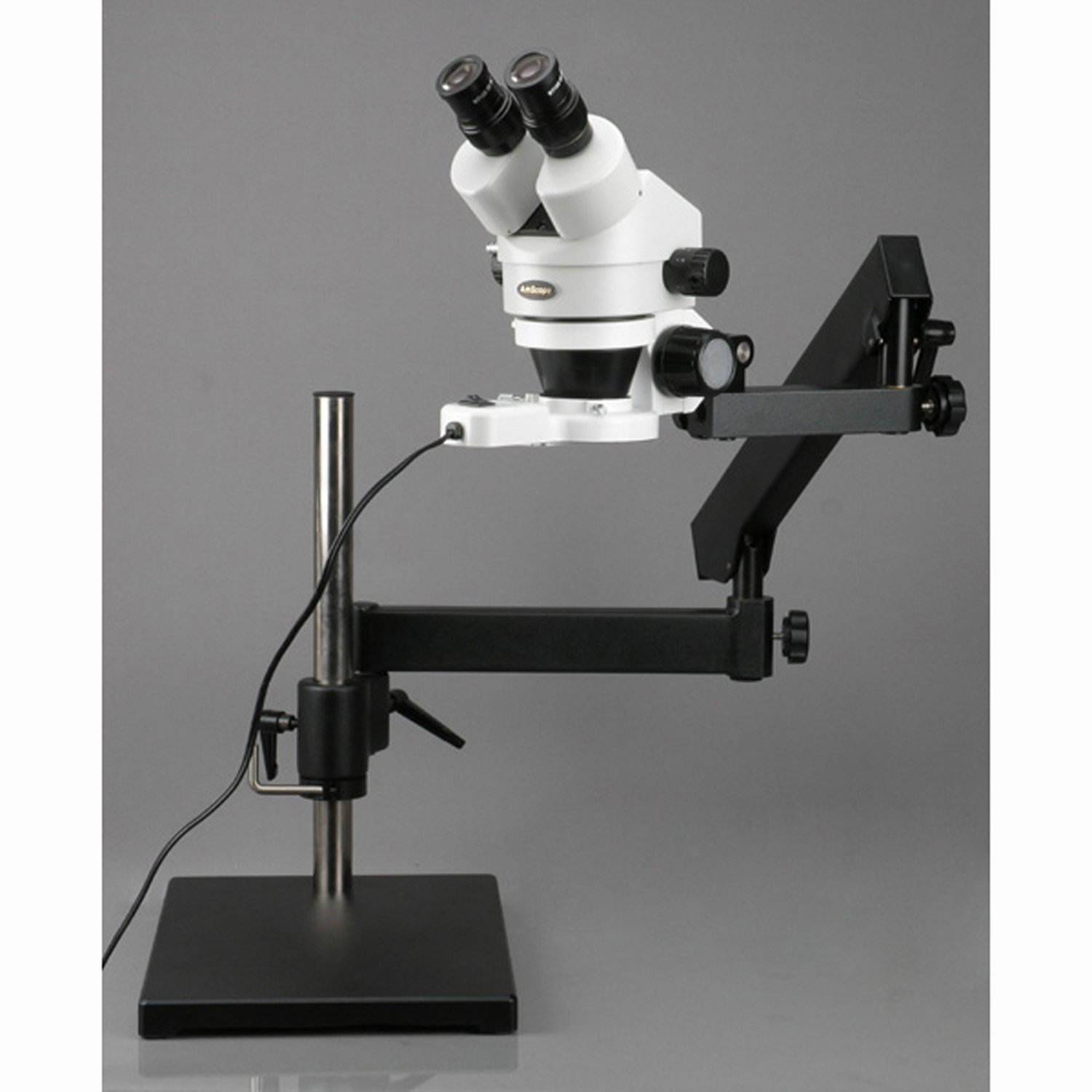 AmScope SM-7BY-FRL Professional Binocular Stereo Zoom Microscope, WH10x Eyepieces, 7X-90X Magnification, 0.7X-4.5X Zoom Objective, 8W Fluorescent Ring Light, Articulating-Arm Boom Stand, 110V-120V, Includes 2.0X Barlow Lens