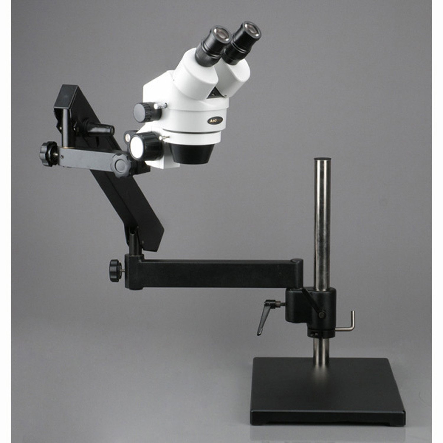 AmScope SM-7BY-FRL Professional Binocular Stereo Zoom Microscope, WH10x Eyepieces, 7X-90X Magnification, 0.7X-4.5X Zoom Objective, 8W Fluorescent Ring Light, Articulating-Arm Boom Stand, 110V-120V, Includes 2.0X Barlow Lens