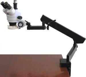 amscope sm-6tx-frl professional trinocular stereo zoom microscope, wh10x eyepieces, 3.5x-45x magnification, 0.7x-4.5x zoom objective, 8w fluorescent ring light, clamping articulating arm stand 110v-120v, includes 0.5x barlow lens