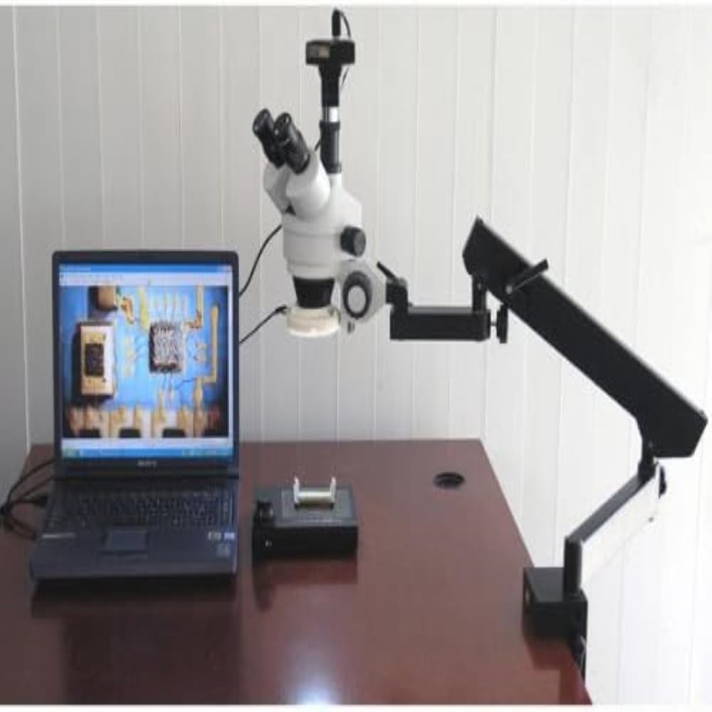 AmScope SM-6TX-FRL Professional Trinocular Stereo Zoom Microscope, WH10x Eyepieces, 3.5X-45X Magnification, 0.7X-4.5X Zoom Objective, 8W Fluorescent Ring Light, Clamping Articulating Arm Stand 110V-120V, Includes 0.5X Barlow Lens