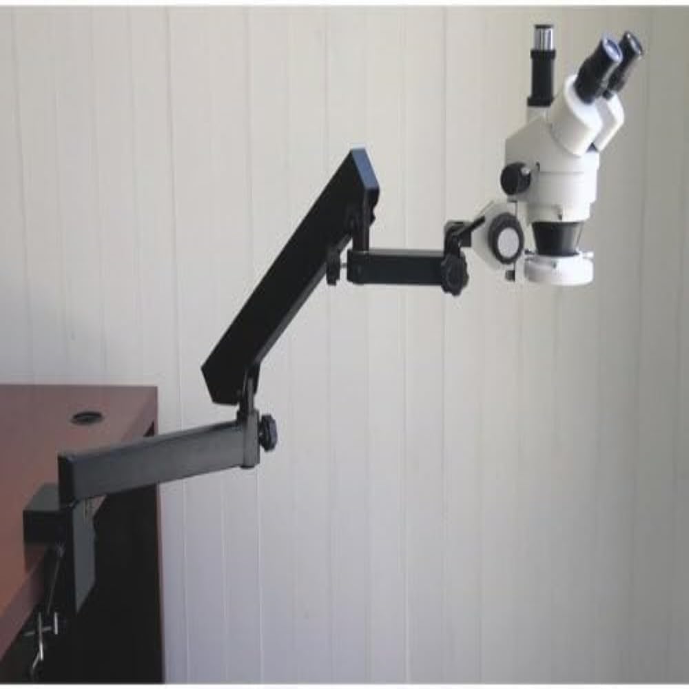 AmScope SM-6TX-FRL Professional Trinocular Stereo Zoom Microscope, WH10x Eyepieces, 3.5X-45X Magnification, 0.7X-4.5X Zoom Objective, 8W Fluorescent Ring Light, Clamping Articulating Arm Stand 110V-120V, Includes 0.5X Barlow Lens