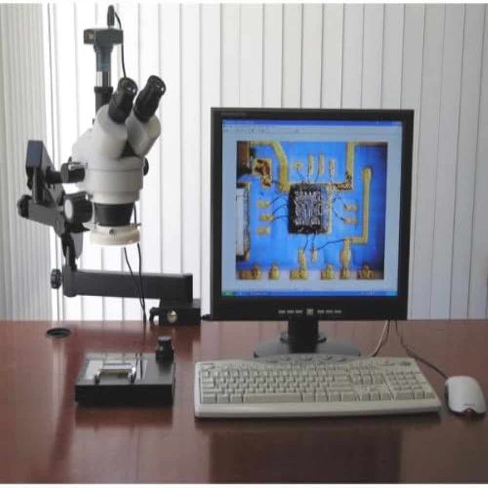 AmScope SM-6TX-FRL Professional Trinocular Stereo Zoom Microscope, WH10x Eyepieces, 3.5X-45X Magnification, 0.7X-4.5X Zoom Objective, 8W Fluorescent Ring Light, Clamping Articulating Arm Stand 110V-120V, Includes 0.5X Barlow Lens