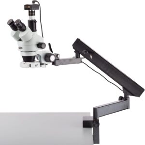 amscope sm-6tpz-64s-5m digital professional trinocular stereo zoom microscope with simultaneous focus control, wh10x eyepieces, 3.5x-90x magnification, 0.7x-4.5x zoom objective, 64-bulb led ring light, clamping articulating arm stand, 110v-240v, includes