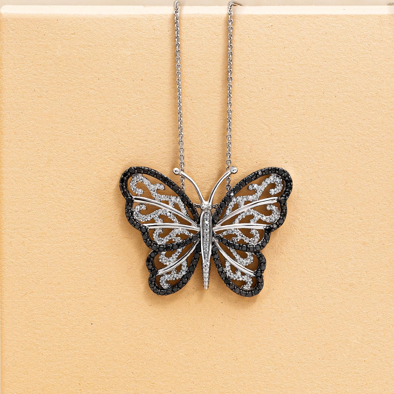 Jewelili Womens Sterling Silver with 1/3 Cttw Treated Black and Natural White Round Diamond Butterfly Necklace, 18" Rolo Chain